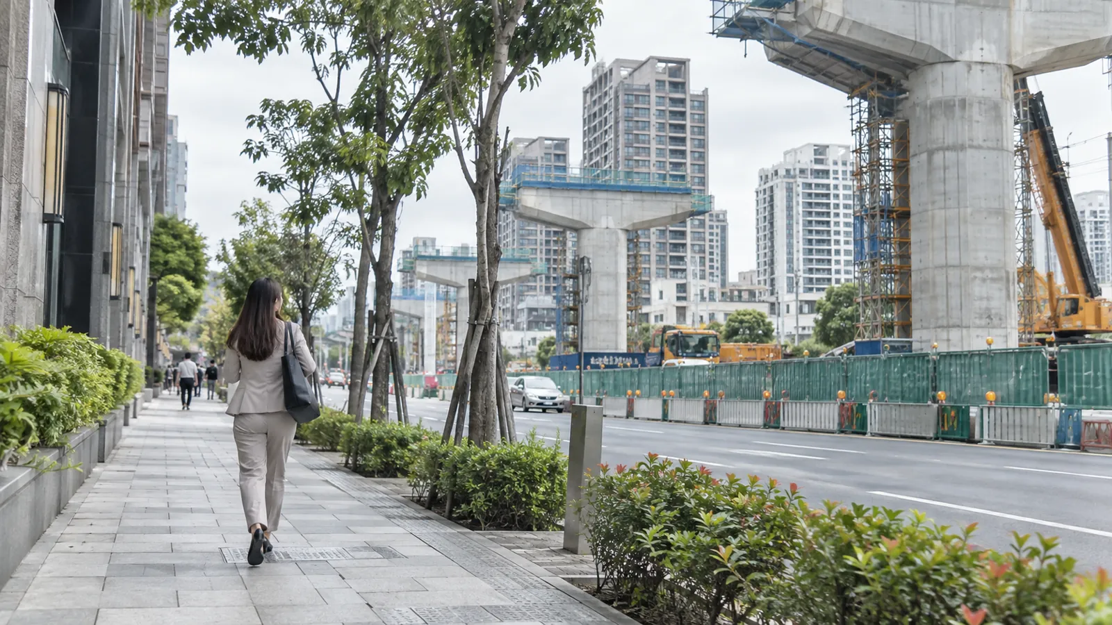 都會女性行經興建中的捷運高架,生活通勤正逐步升級。