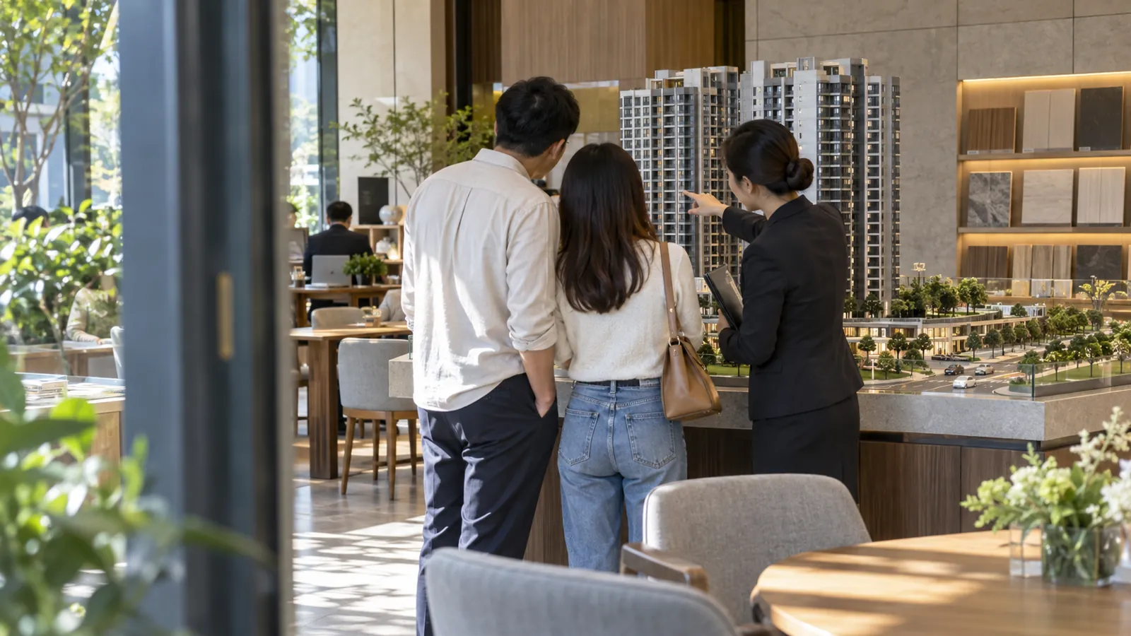 銷售人員指著建案模型解說,自住買方從容挑選好房。
