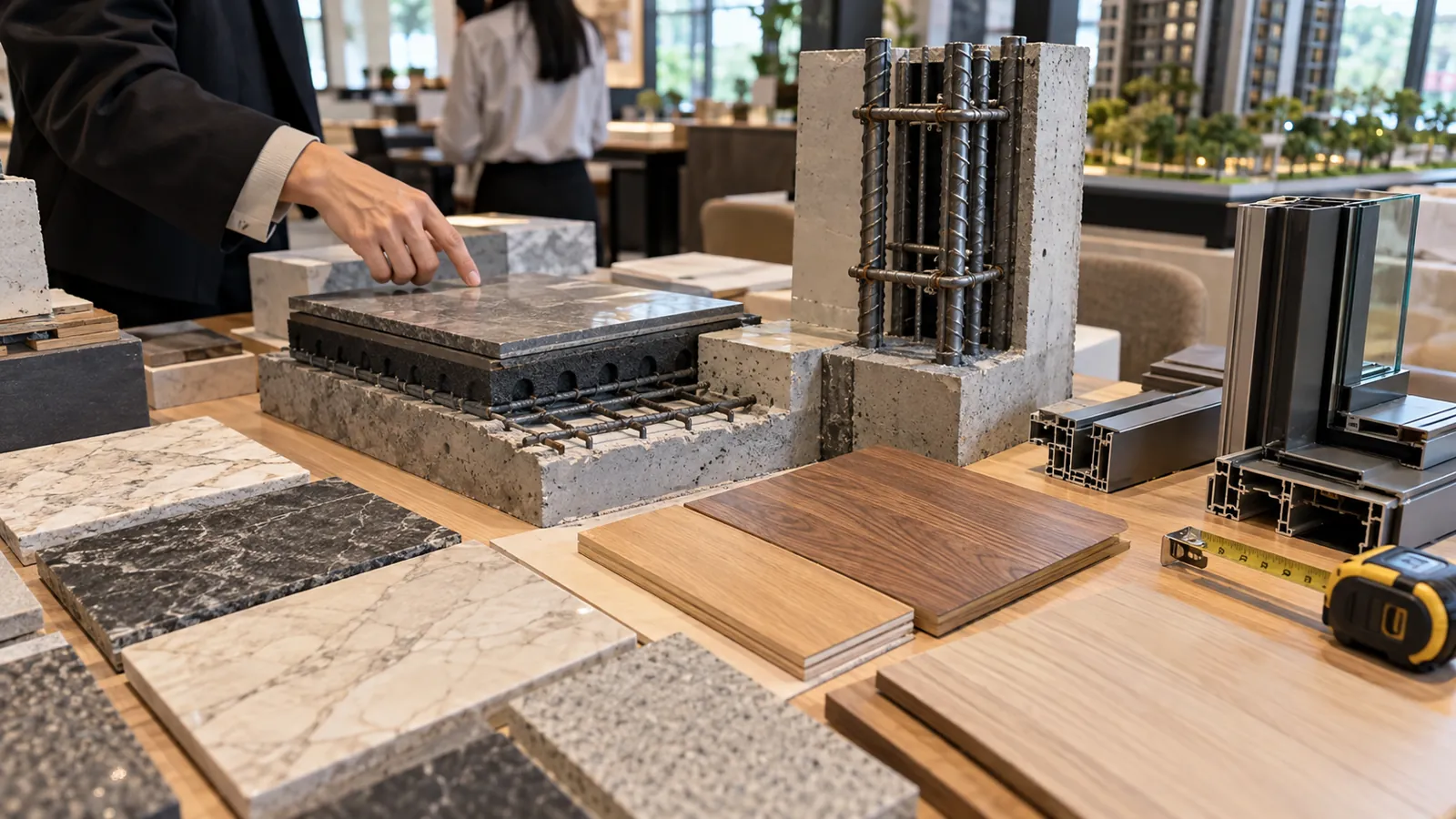 現場展示結構剖面與各類建材,讓細緻的施工品質透明可見。