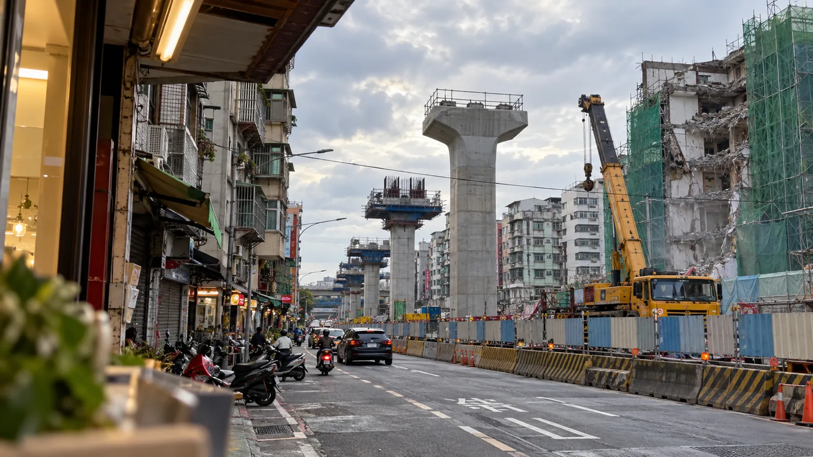 興建中的捷運高架橋墩與工程吊車,正逐步翻新街廓。