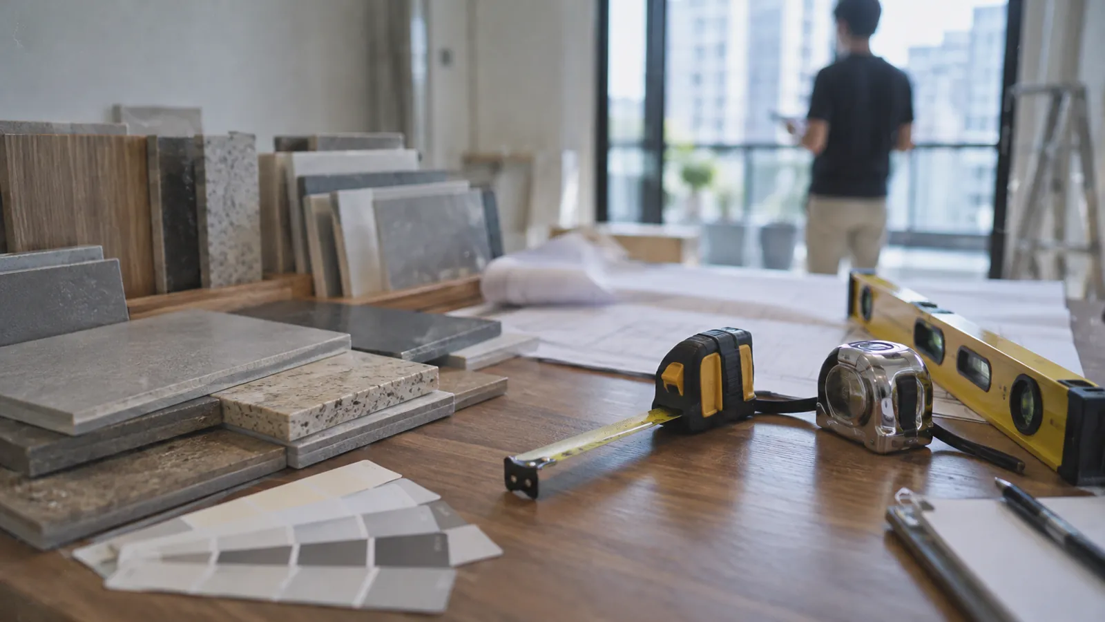 從建材樣板到丈量工具,細細比對預售規劃與成屋尺度。