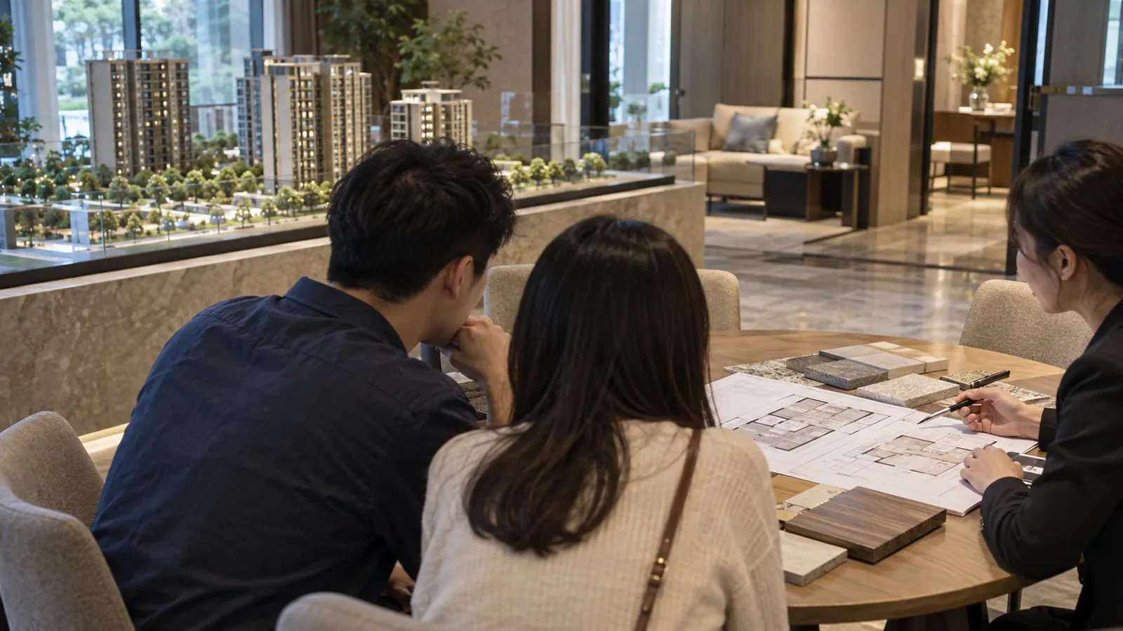 預售市場回歸理性,買方在接待中心細細檢視格局與建材。