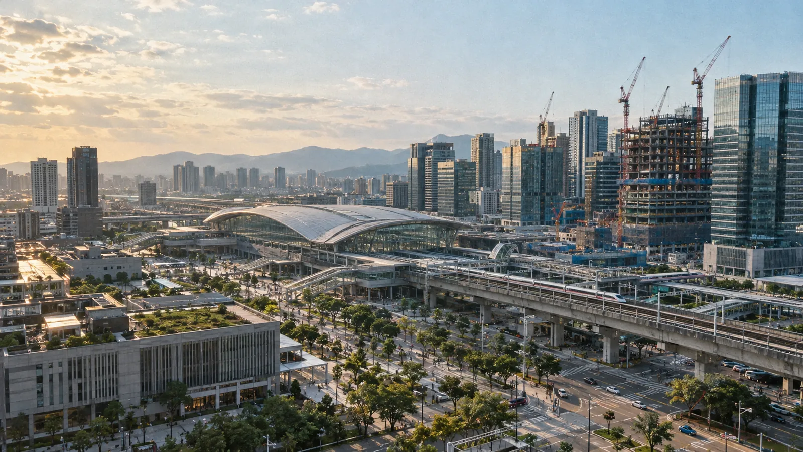 軌道站旁摩天大樓正加速興建,林蔭街廓展現升級新貌。