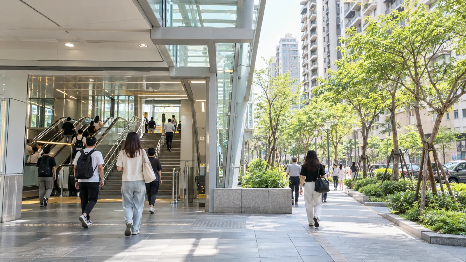 走出捷運站便迎來蓊鬱林蔭步道,無縫銜接住宅生活圈。