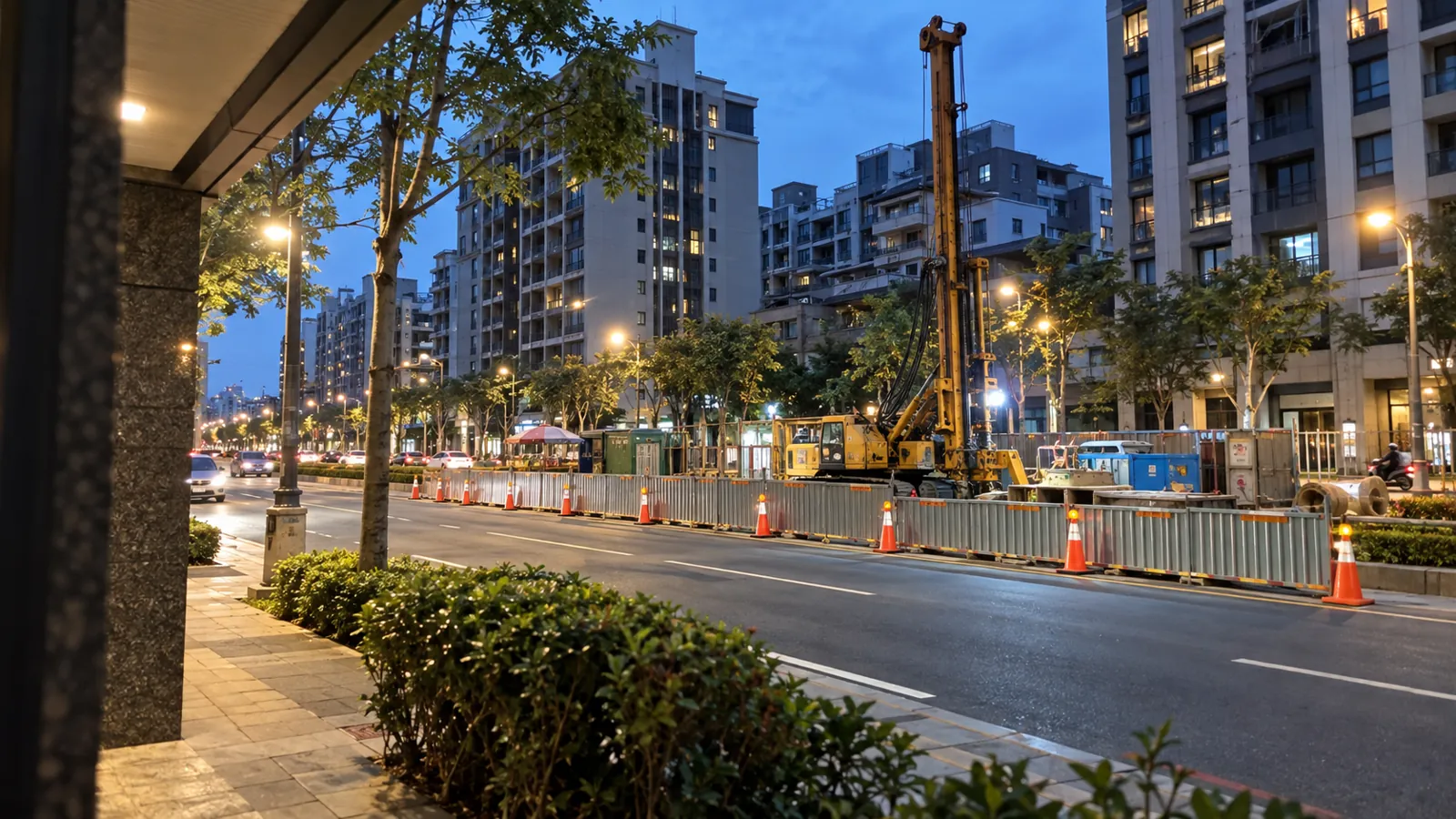街心施工機具穩步作業,為兩側新興住宅聚落開創便利願景。
