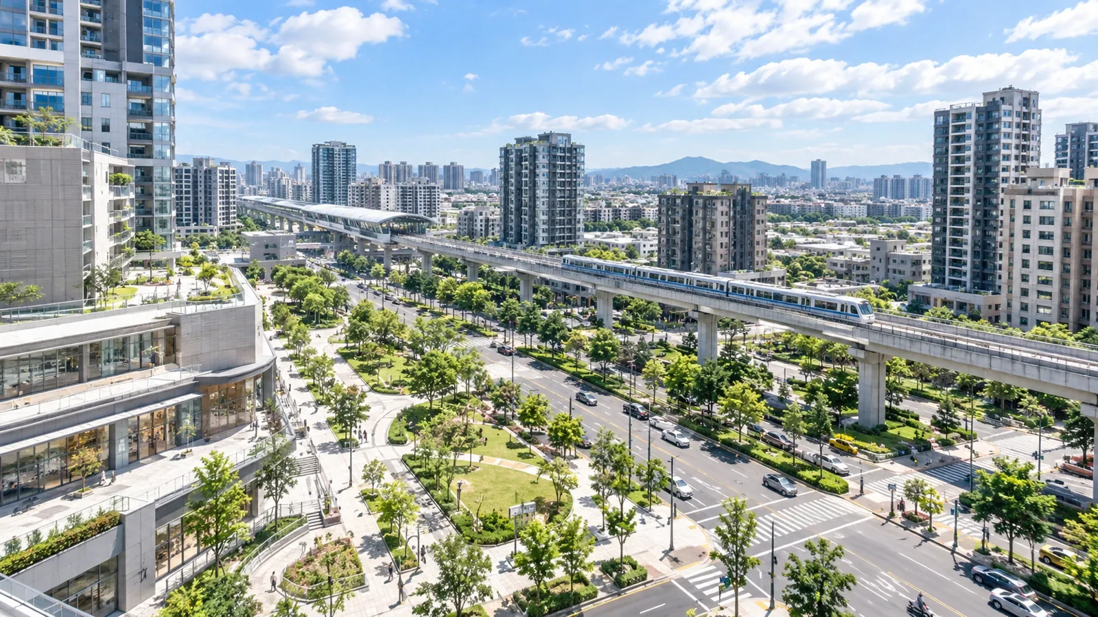高架捷運串連林蔭街廓與大樓,展現新市鎮成熟機能。