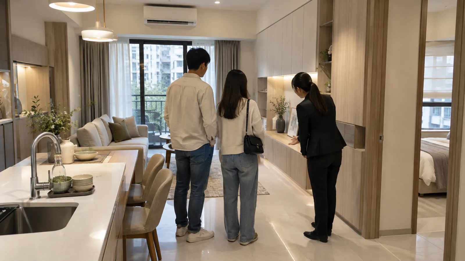 房仲向年輕伴侶介紹收納櫃體,實用小宅受自住客青睞。