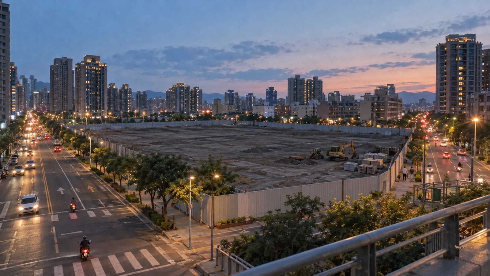 市區開闊的圍籬工地內,機具正穩步推展具規模的大型建案。