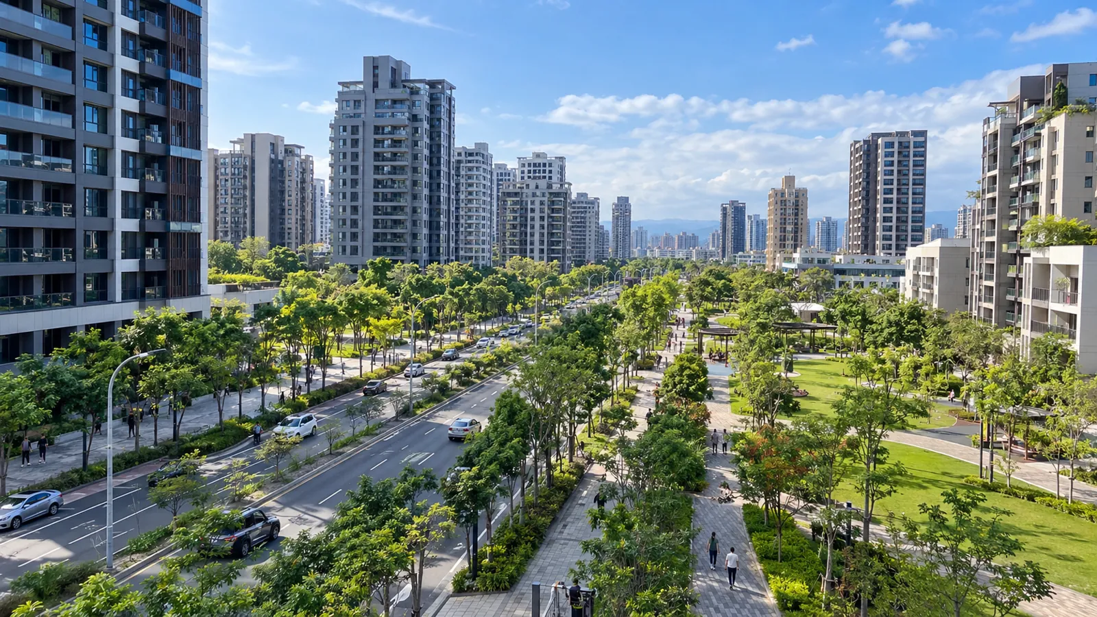開闊的林蔭大道與綠意公園,呼應自住客重視的生活品質。