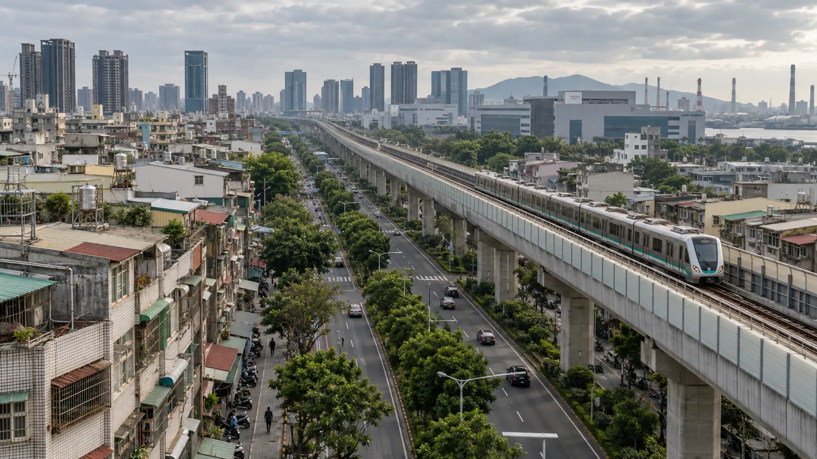 捷運列車行經生活街區,串起傳統聚落與現代產業園區。