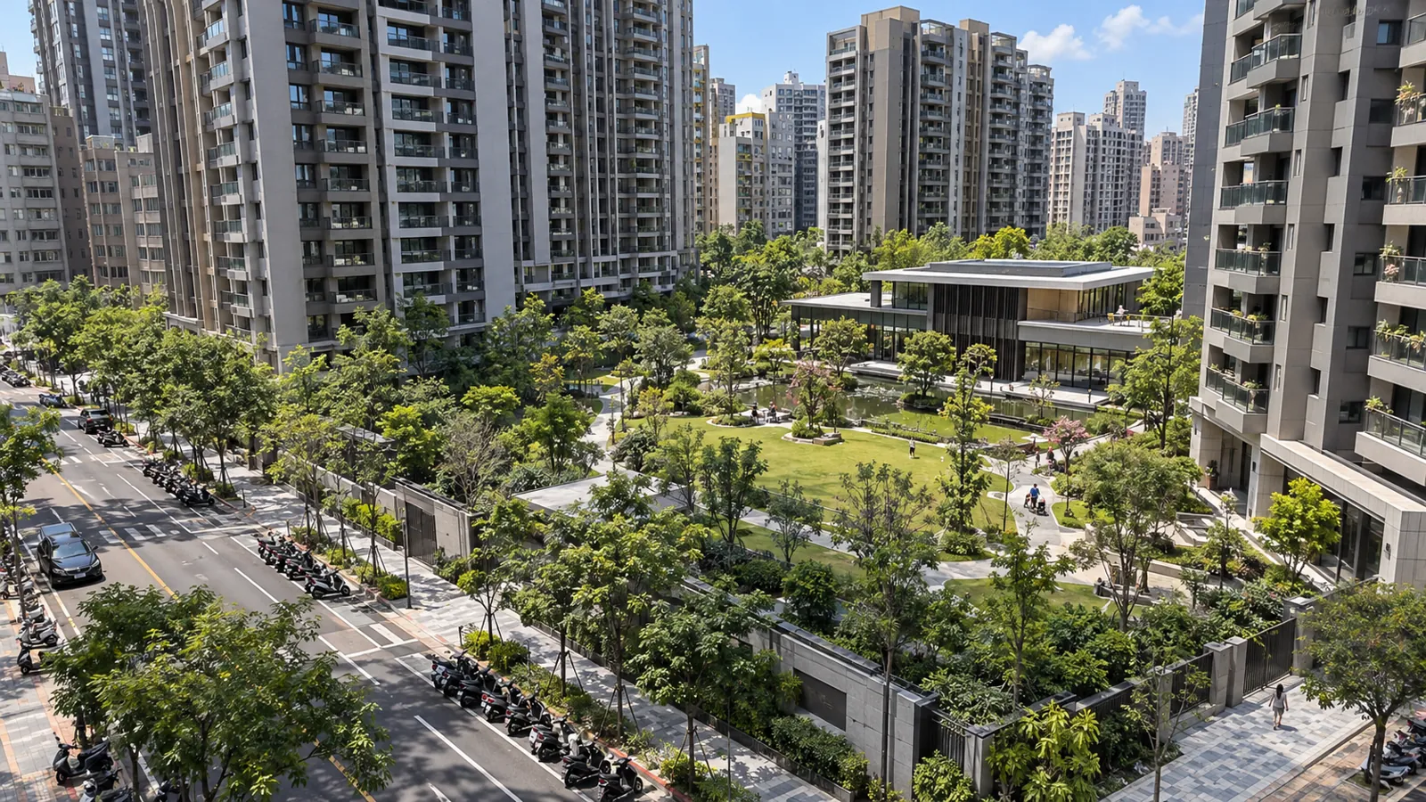 寬闊的中庭綠地與休閒會館,為住戶營造舒適休閒場域