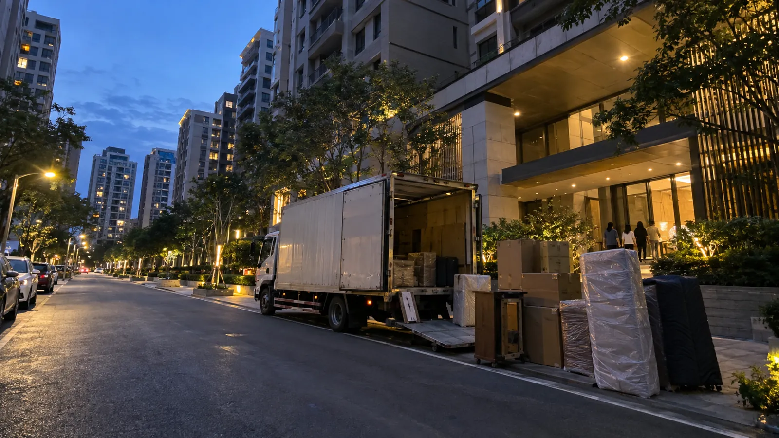 搬家貨車停靠新大樓前,家庭正迎來更寬敞的生活空間。