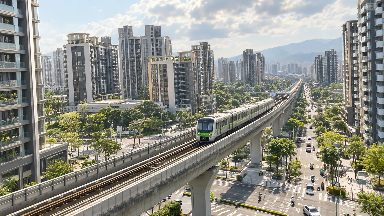 軌道列車穿梭於現代住宅社區間,串起便捷的通勤生活。