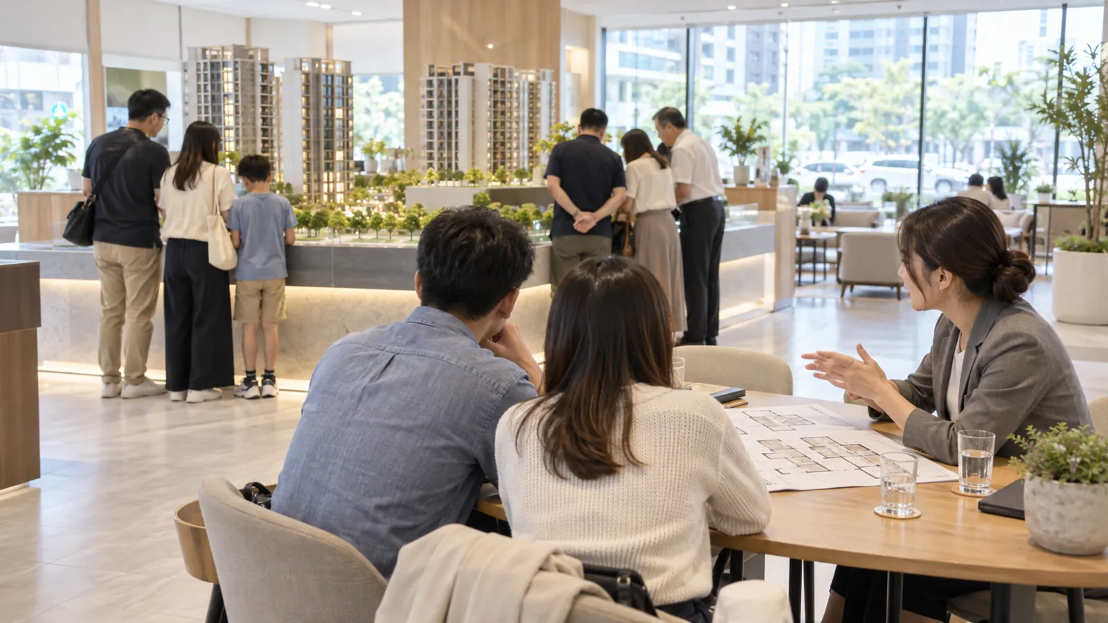 接待中心迎來熱絡人潮,民眾專注洽談建案格局規劃。