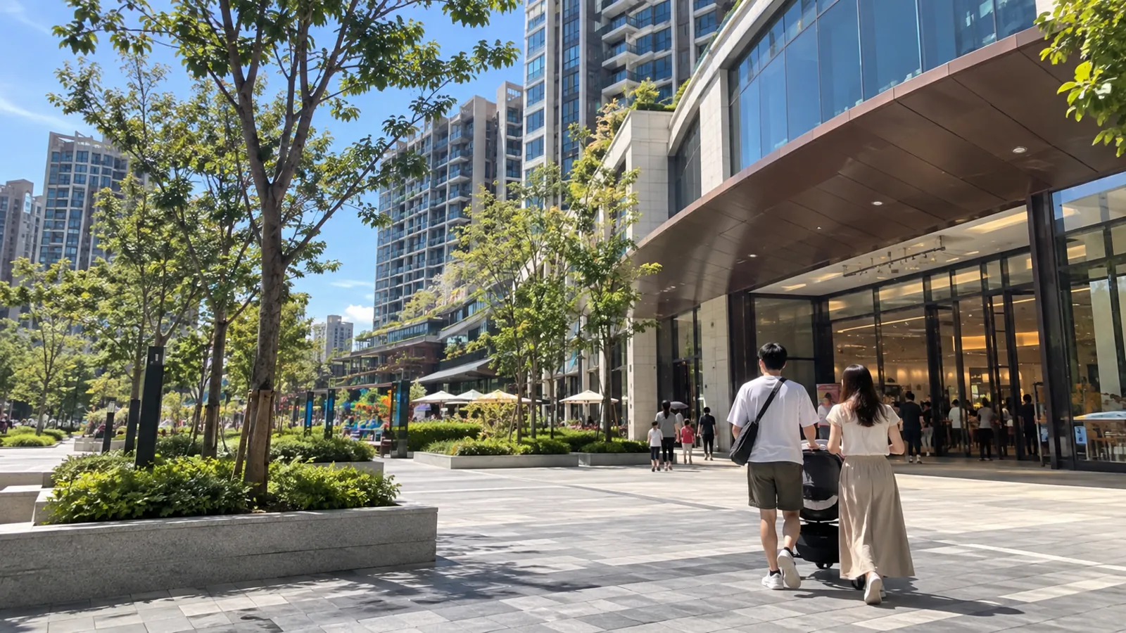 推著嬰兒車漫步商場步道,整齊開闊的街廓滿足家庭生活。