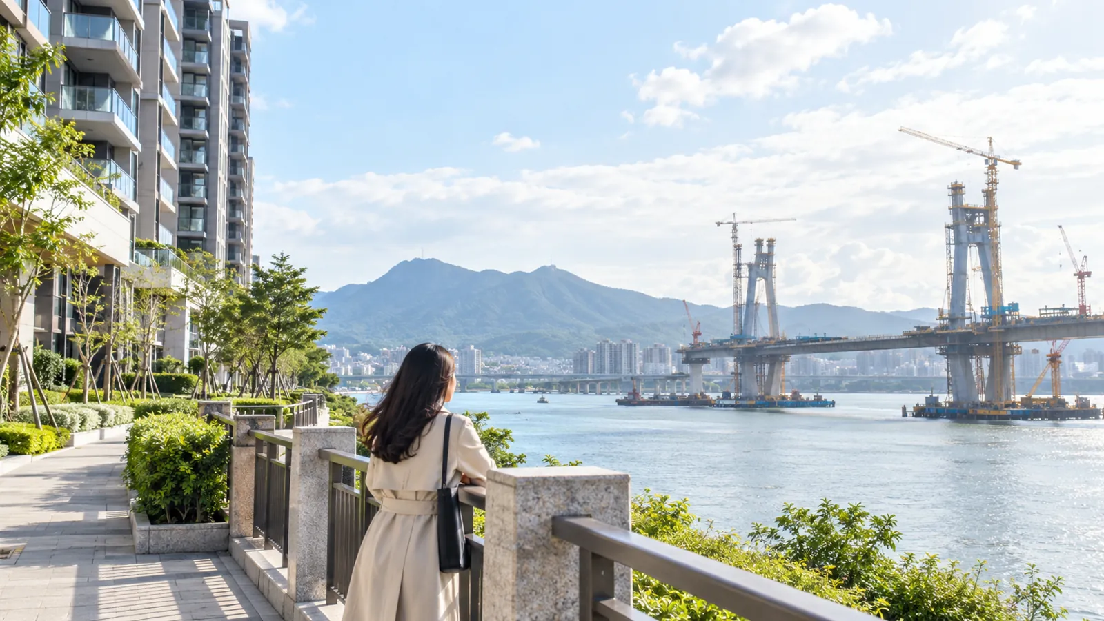 淡江大橋工程跨越水面，為對岸住宅聚落串起便捷生活。