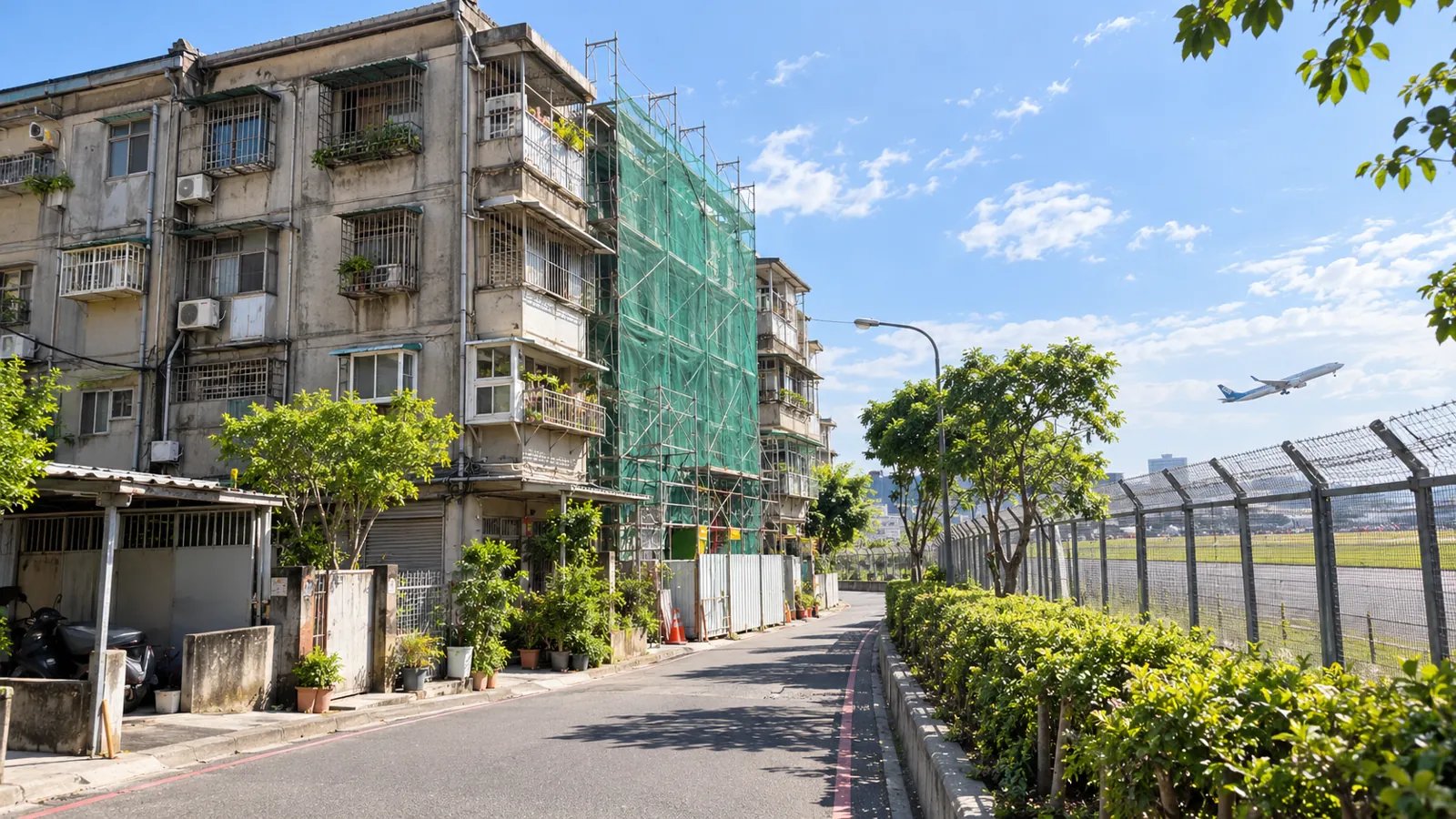 跑道旁緊鄰的老舊公寓，正期待隨機場遷建啟動都更。
