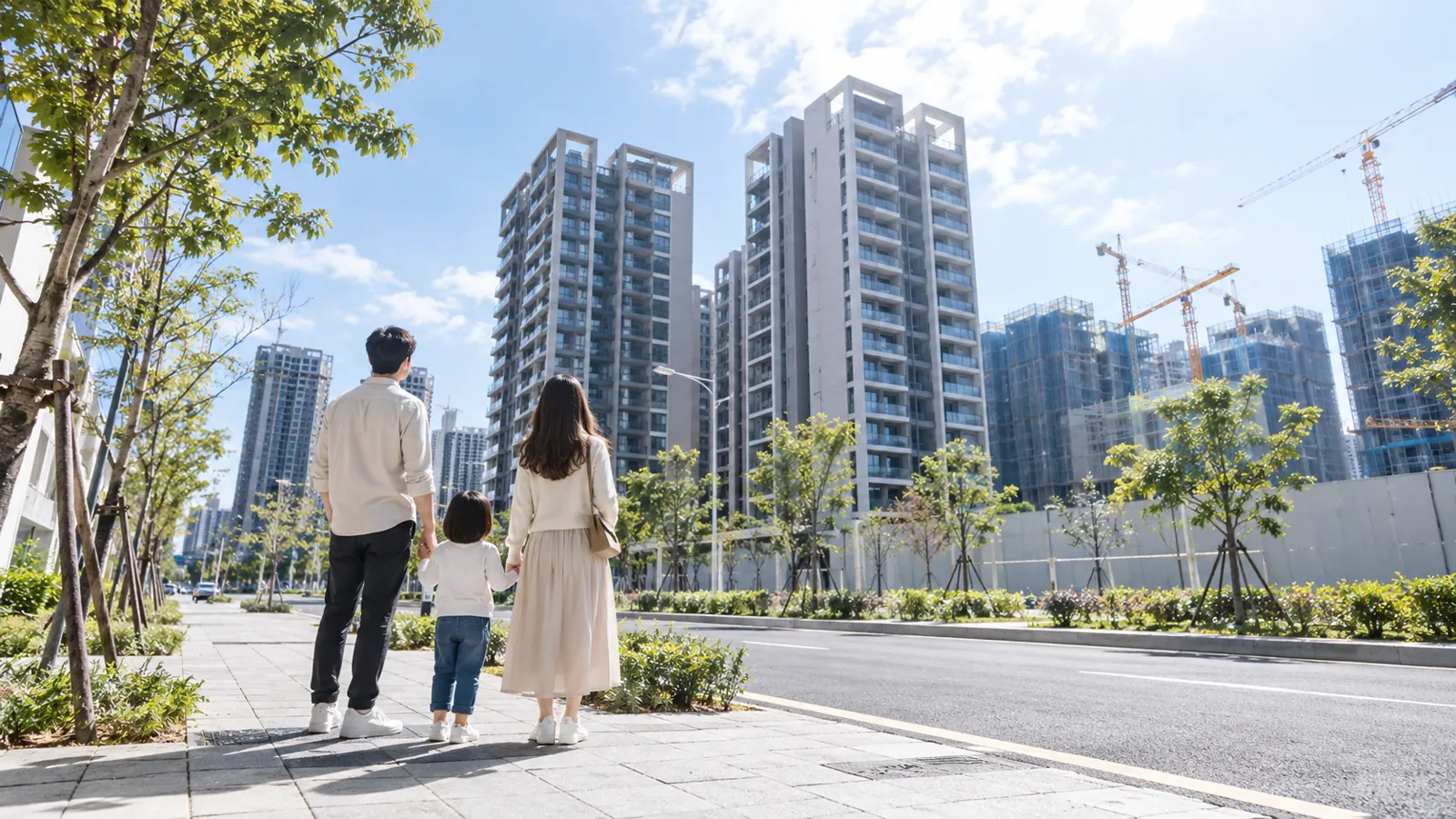 一家三口漫步在重劃區步道，望著新興大樓尋覓宜居天地。