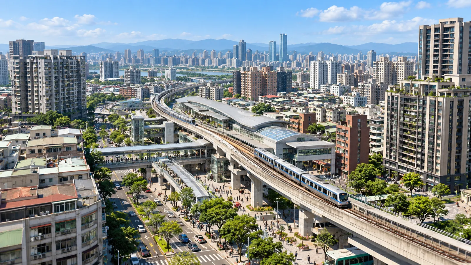 捷運列車駛入住宅林立的站點，串聯起便捷的通勤日常。