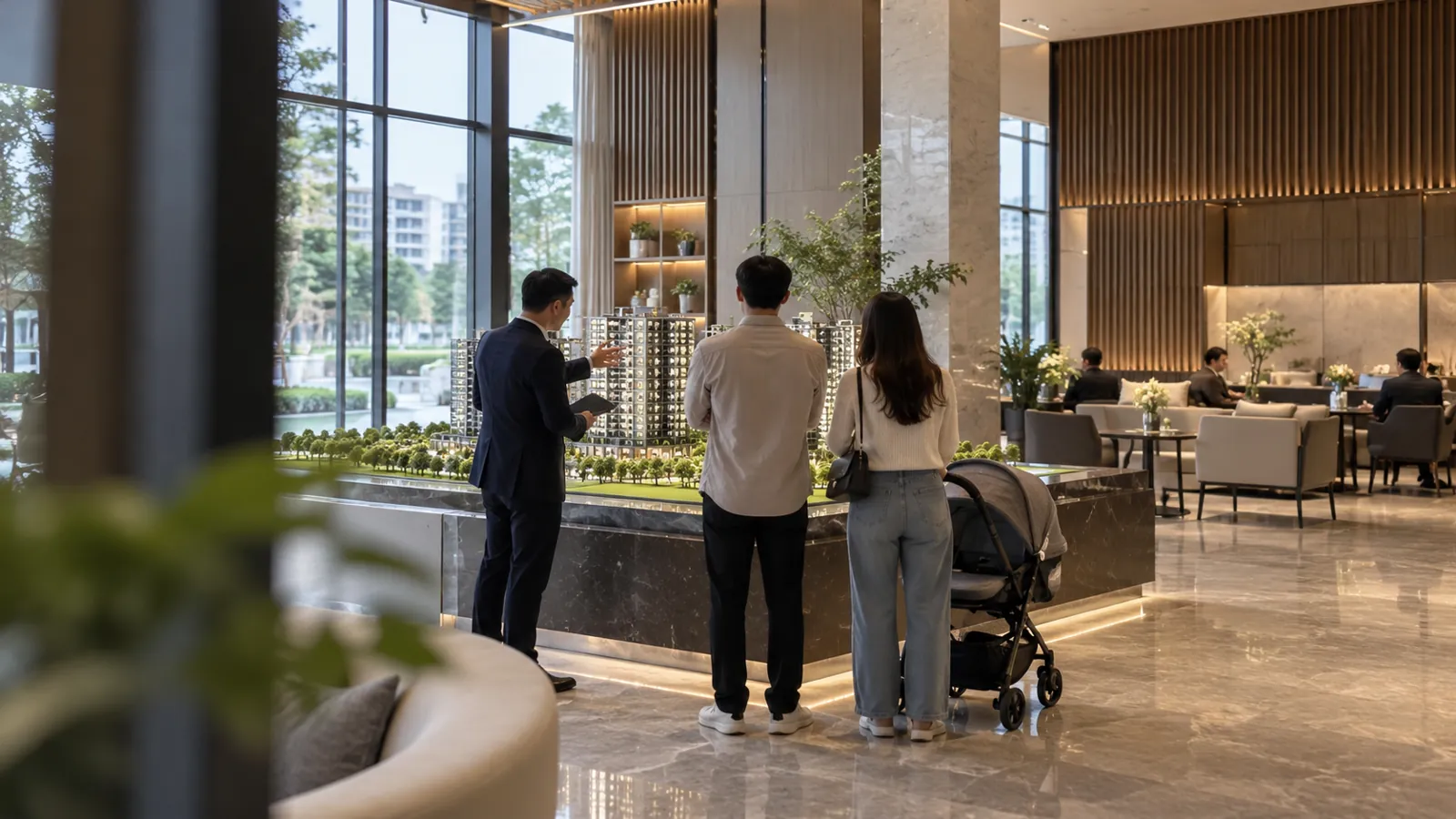 銷售人員在接待中心模型旁，為前來賞屋的家庭細心解說。