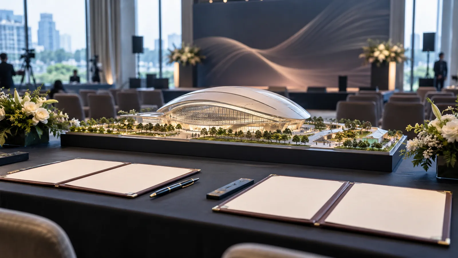 簽約桌擺放著巨蛋模型與合約，見證重大建設正式啟動。
