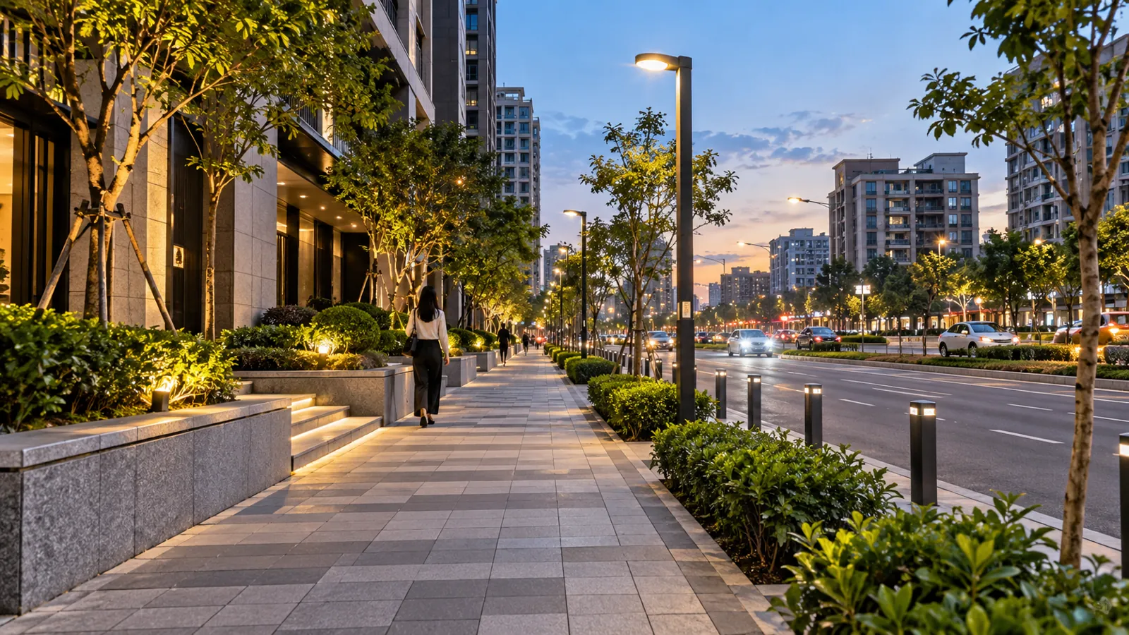 寬闊道路與整齊綠化環繞氣派大樓,展現井然有序的街廓。