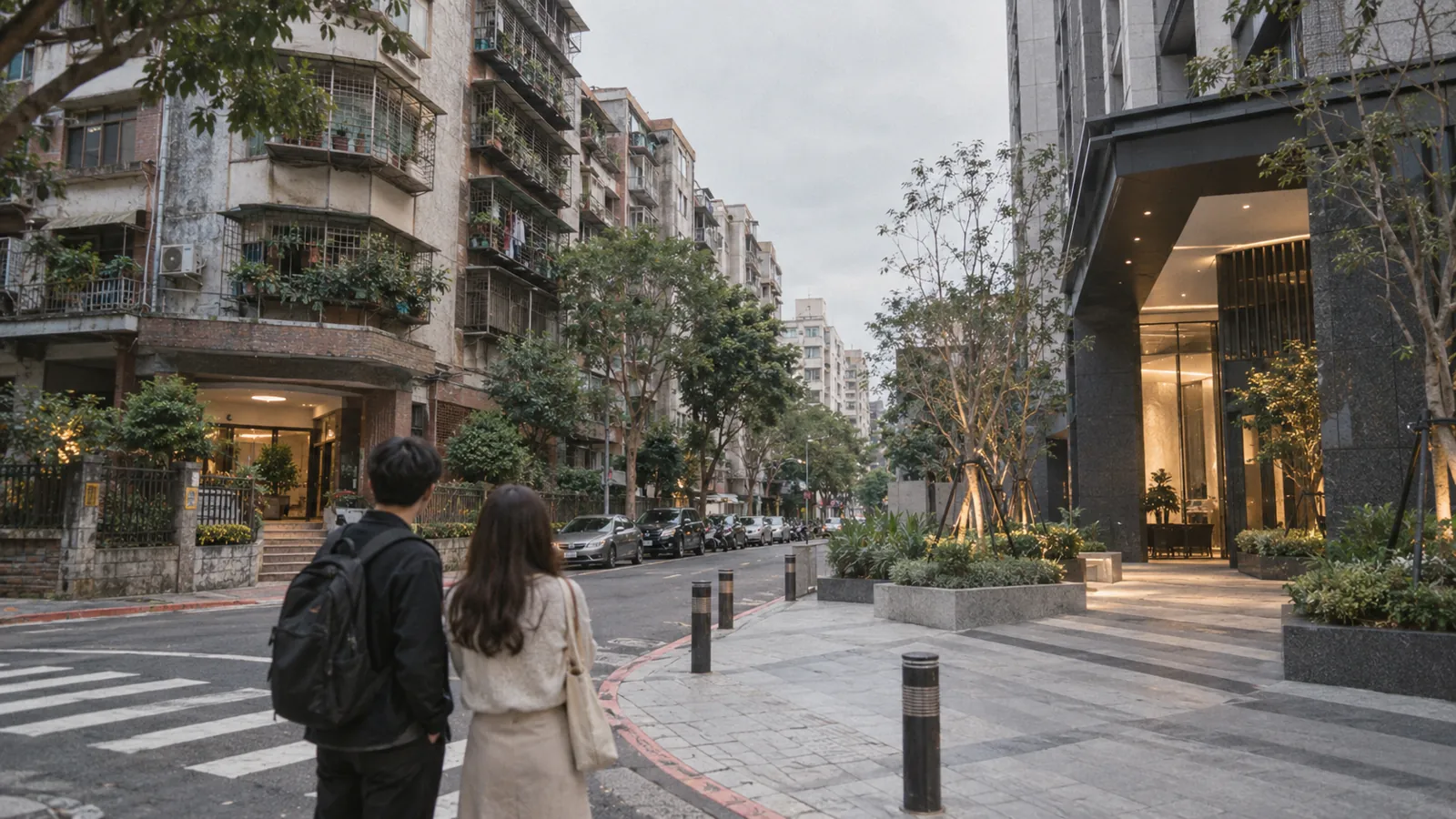 年輕男女駐足街角，在嶄新大樓與傳統公寓間衡量購屋預算。