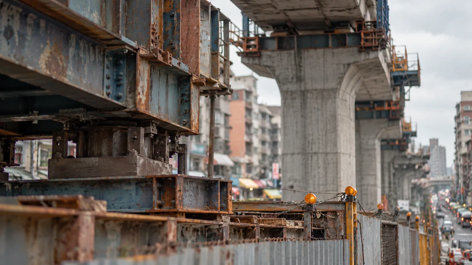 興建中的高架橋墩貫穿街區，為在地注入捷運建設新動能。