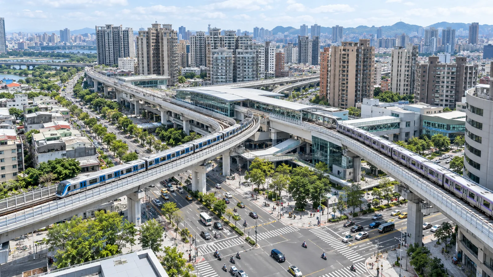 雙捷運列車在高架交會，串聯周邊成熟住宅與便利生活