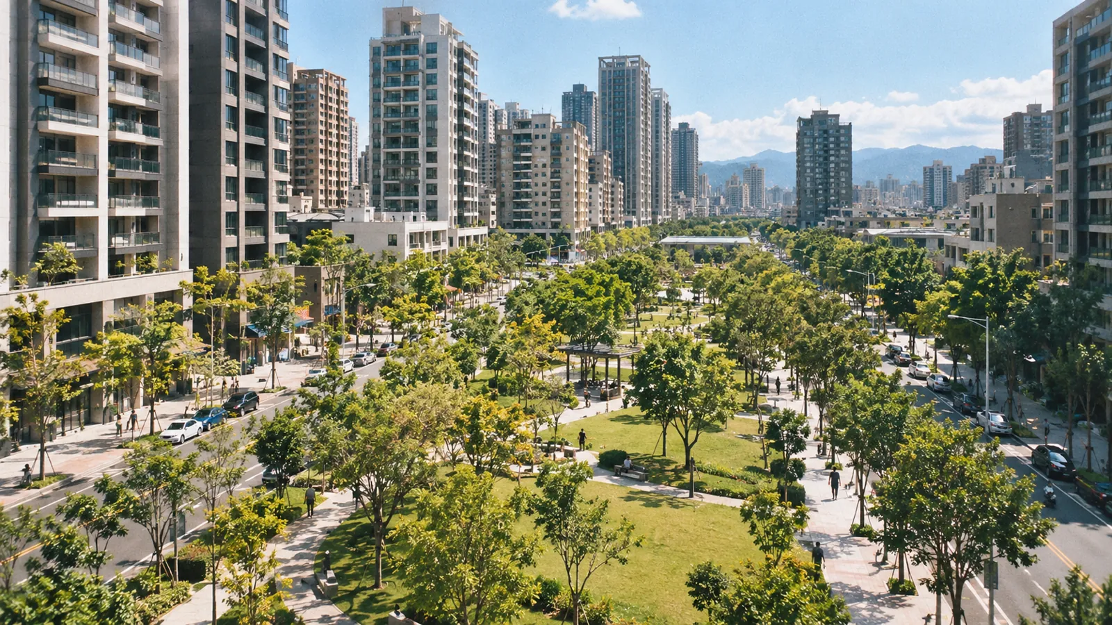 整齊的綠植與開闊步道,展現生活圈升級後的精緻街廓。