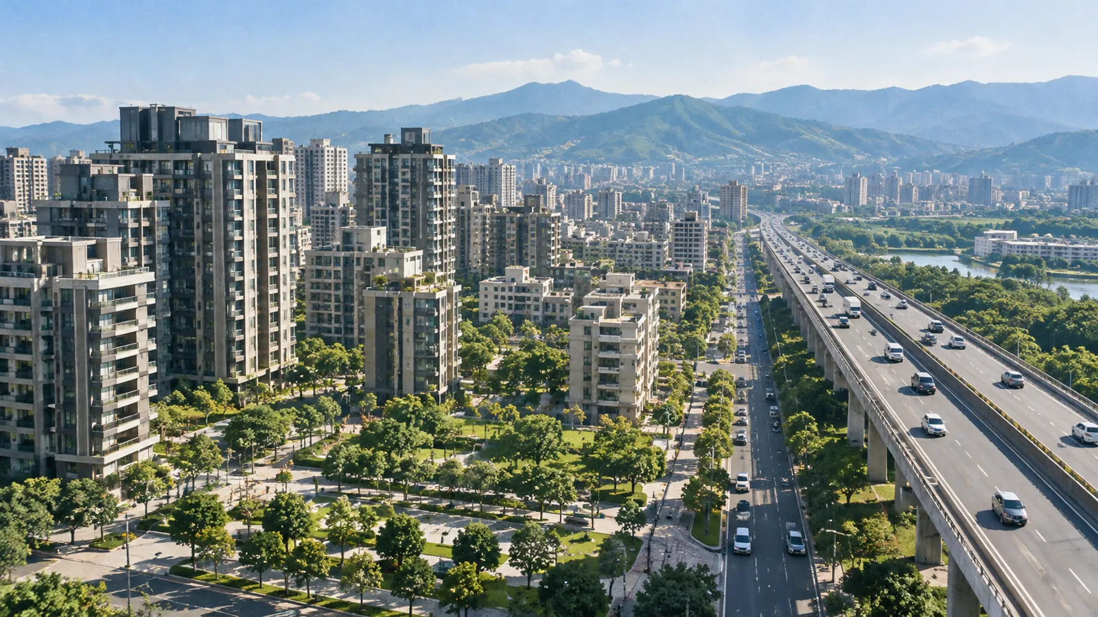 緊鄰快速道路的新興住宅聚落，吸引通勤族移居安家。