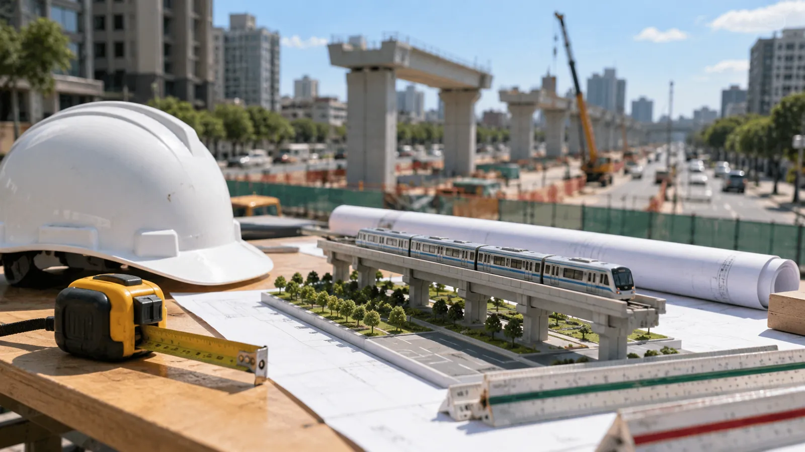 工程人員於市區測量施工，捷運路網正穩步向前推進。