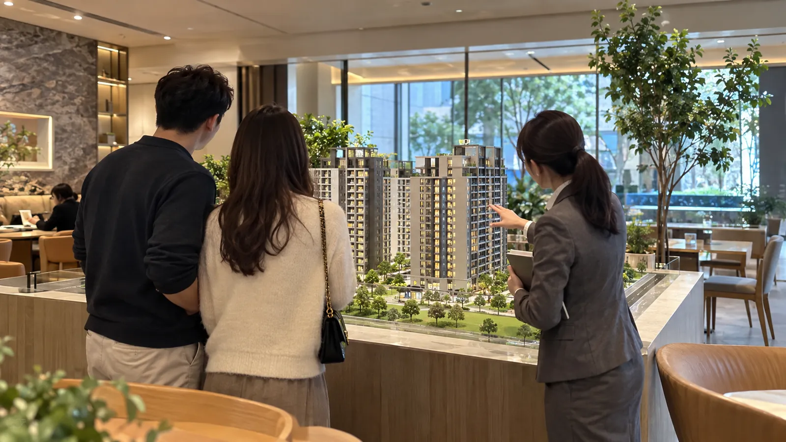 銷售人員向民眾介紹建築模型，自住買盤展現穩定需求。