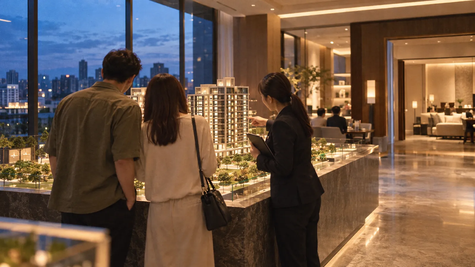 民眾在接待中心細看建築模型，從容挑選自住好宅。