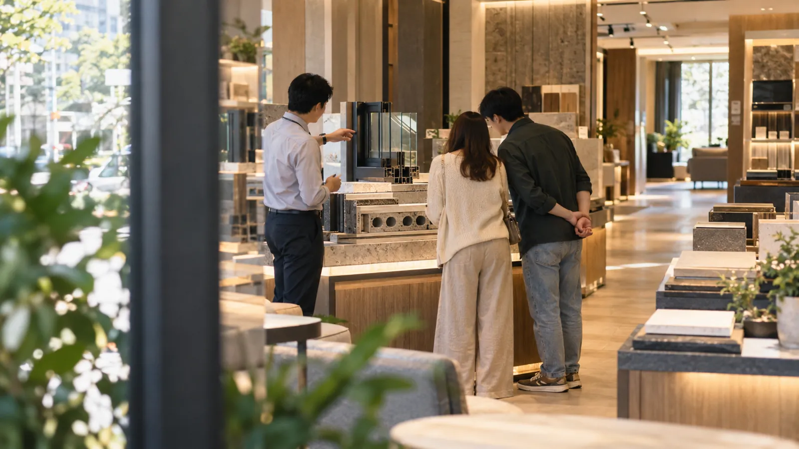 攤開的平面圖與建材樣本，方便買方從容檢視格局與工法。